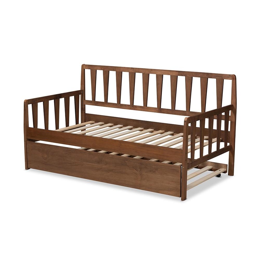 Walnut Brown Finished Wood Twin Size Daybed with Roll-Out Trundle Bed. Picture 4