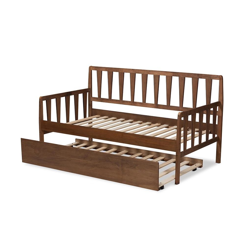 Walnut Brown Finished Wood Twin Size Daybed with Roll-Out Trundle Bed. Picture 5
