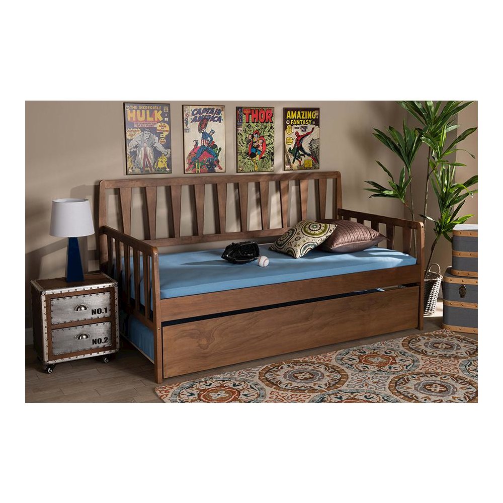 Walnut Brown Finished Wood Twin Size Daybed with Roll-Out Trundle Bed. Picture 7
