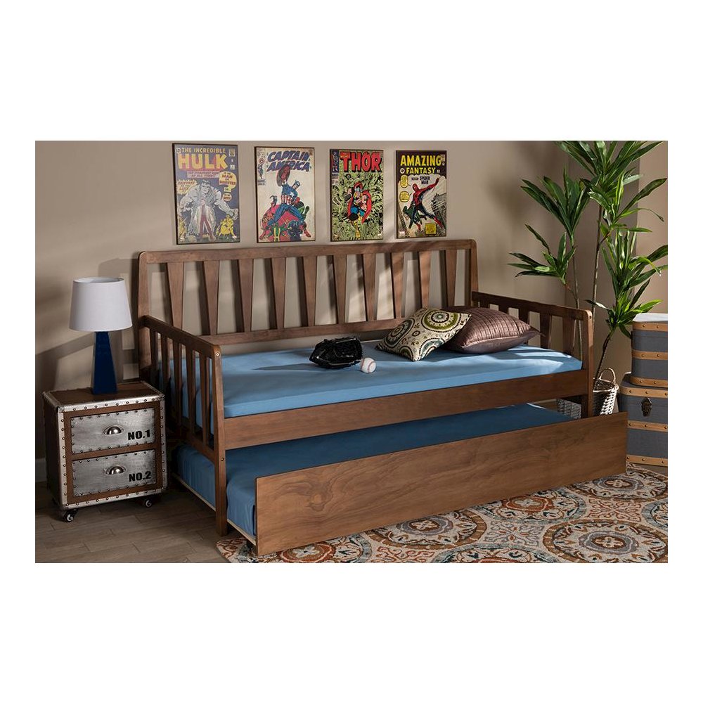 Walnut Brown Finished Wood Twin Size Daybed with Roll-Out Trundle Bed. Picture 8