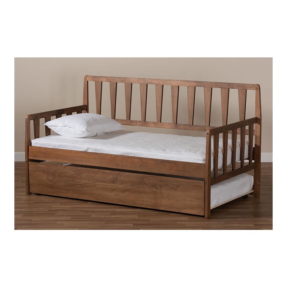 Walnut Brown Finished Wood Twin Size Daybed with Roll-Out Trundle Bed. Picture 9