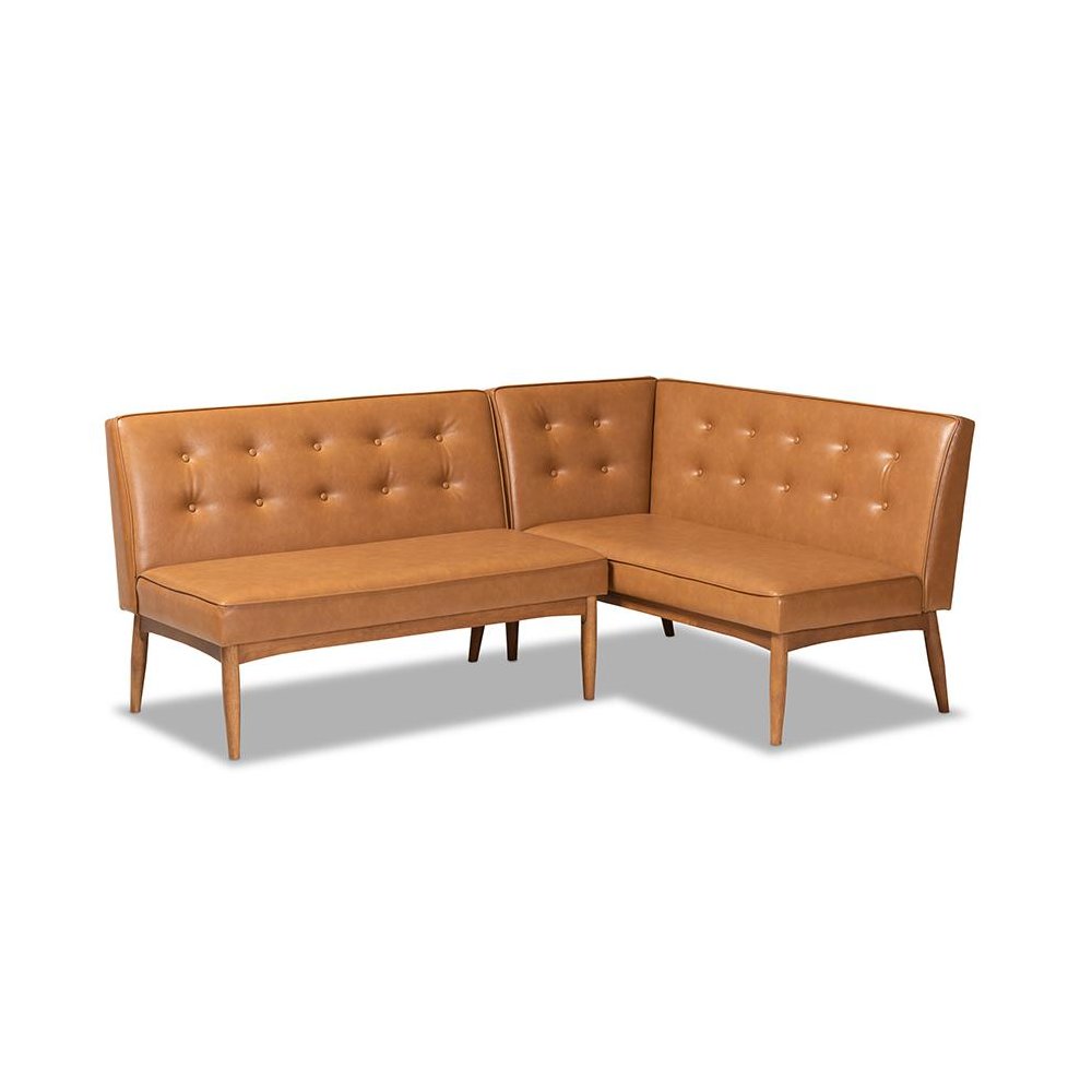 Leather Upholstered Walnut Brown Finished 2-Piece Wood Dining Nook Banquette Set. Picture 1