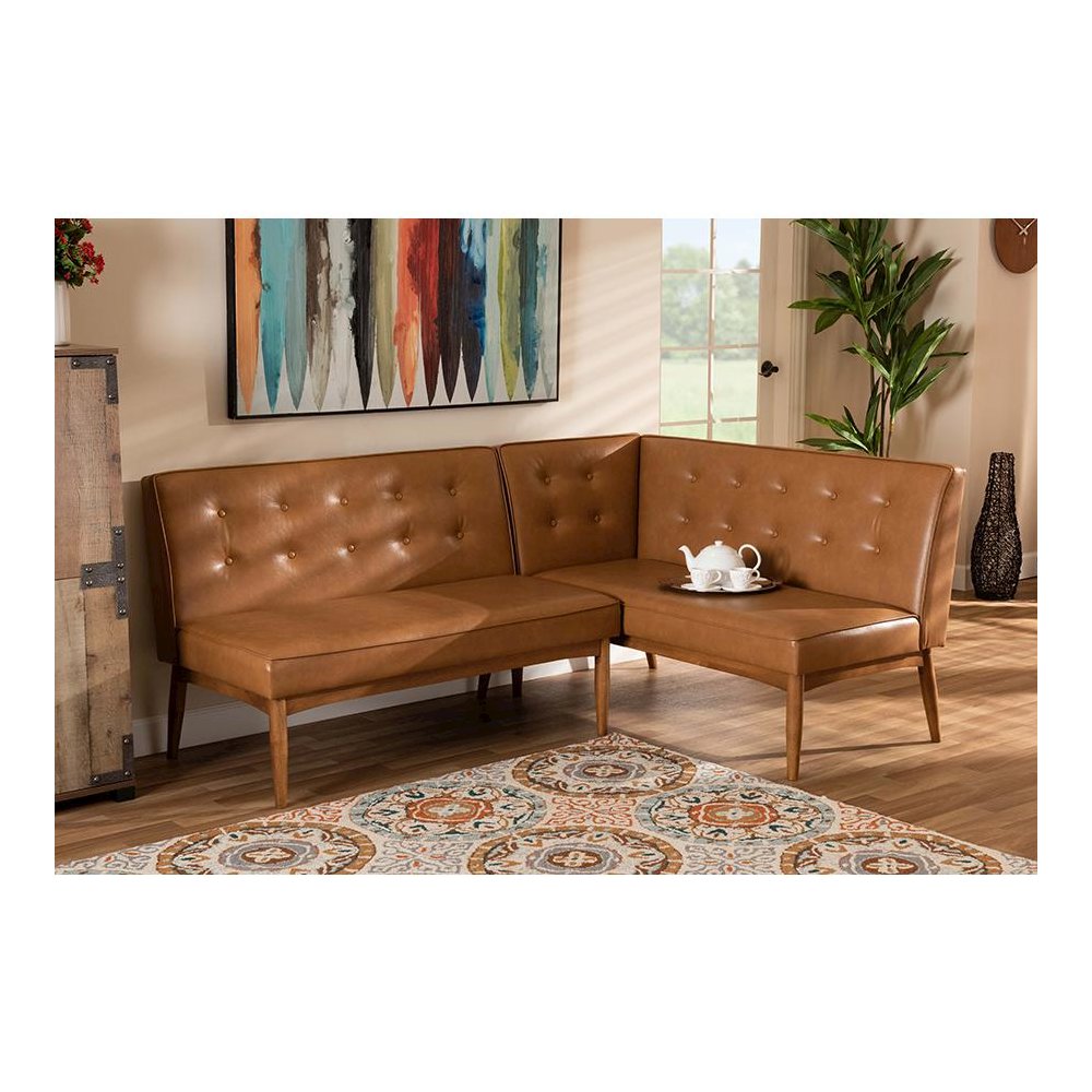 Leather Upholstered Walnut Brown Finished 2-Piece Wood Dining Nook Banquette Set. Picture 6