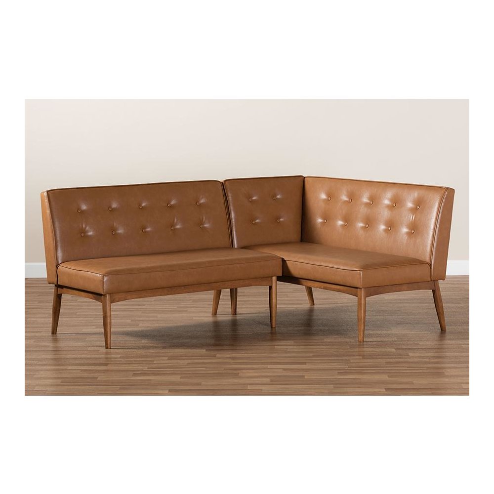 Leather Upholstered Walnut Brown Finished 2-Piece Wood Dining Nook Banquette Set. Picture 7