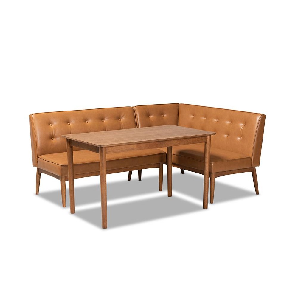 Modern Upholstered and Walnut Brown Finished Wood 3-Piece Dining Nook Set. Picture 1
