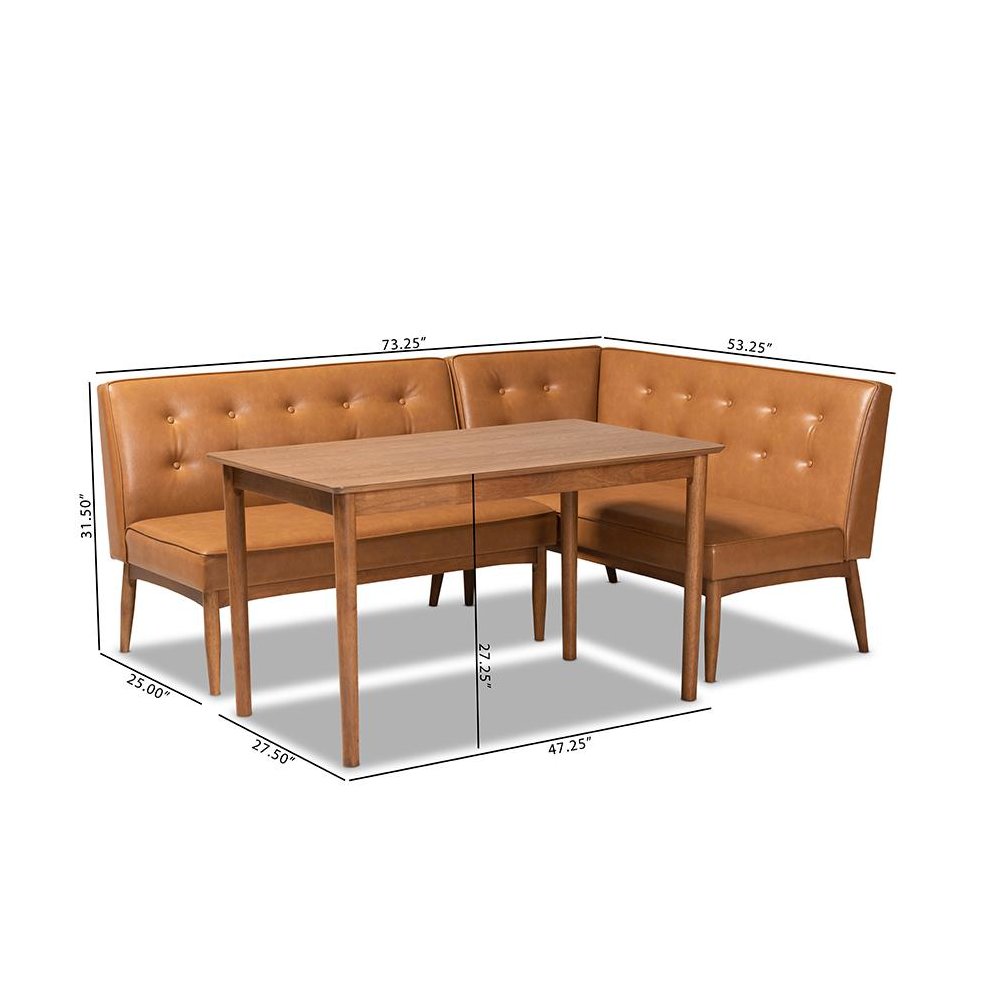 Modern Upholstered and Walnut Brown Finished Wood 3-Piece Dining Nook Set. Picture 10