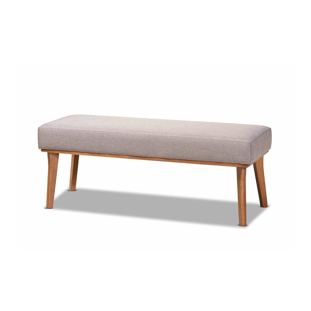 Grey Fabric Upholstered and Walnut Brown Finished Wood Dining Bench. Picture 1