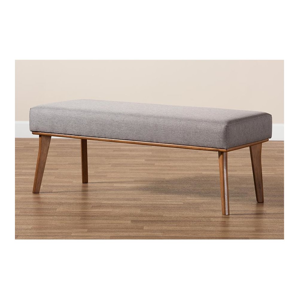 Grey Fabric Upholstered and Walnut Brown Finished Wood Dining Bench. Picture 6