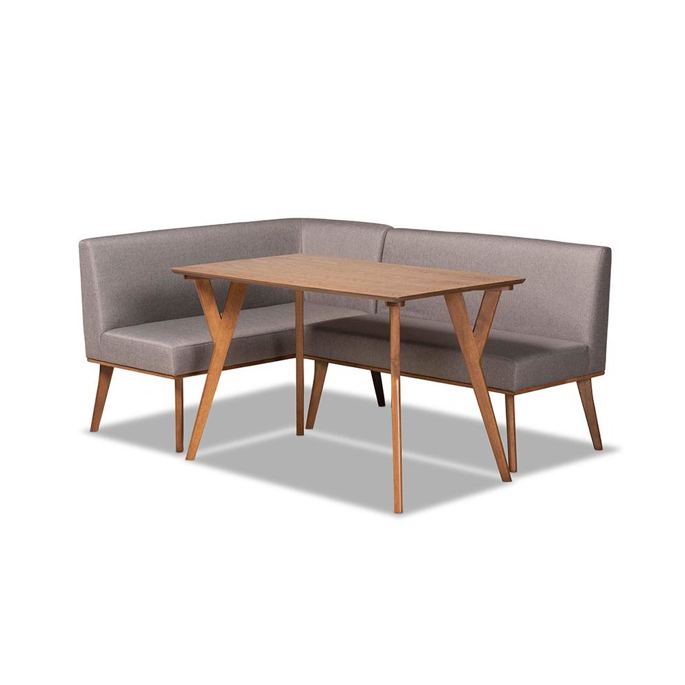 Grey Fabric Upholstered and Walnut Brown Finished Wood 3-Piece Dining Nook Set. Picture 1