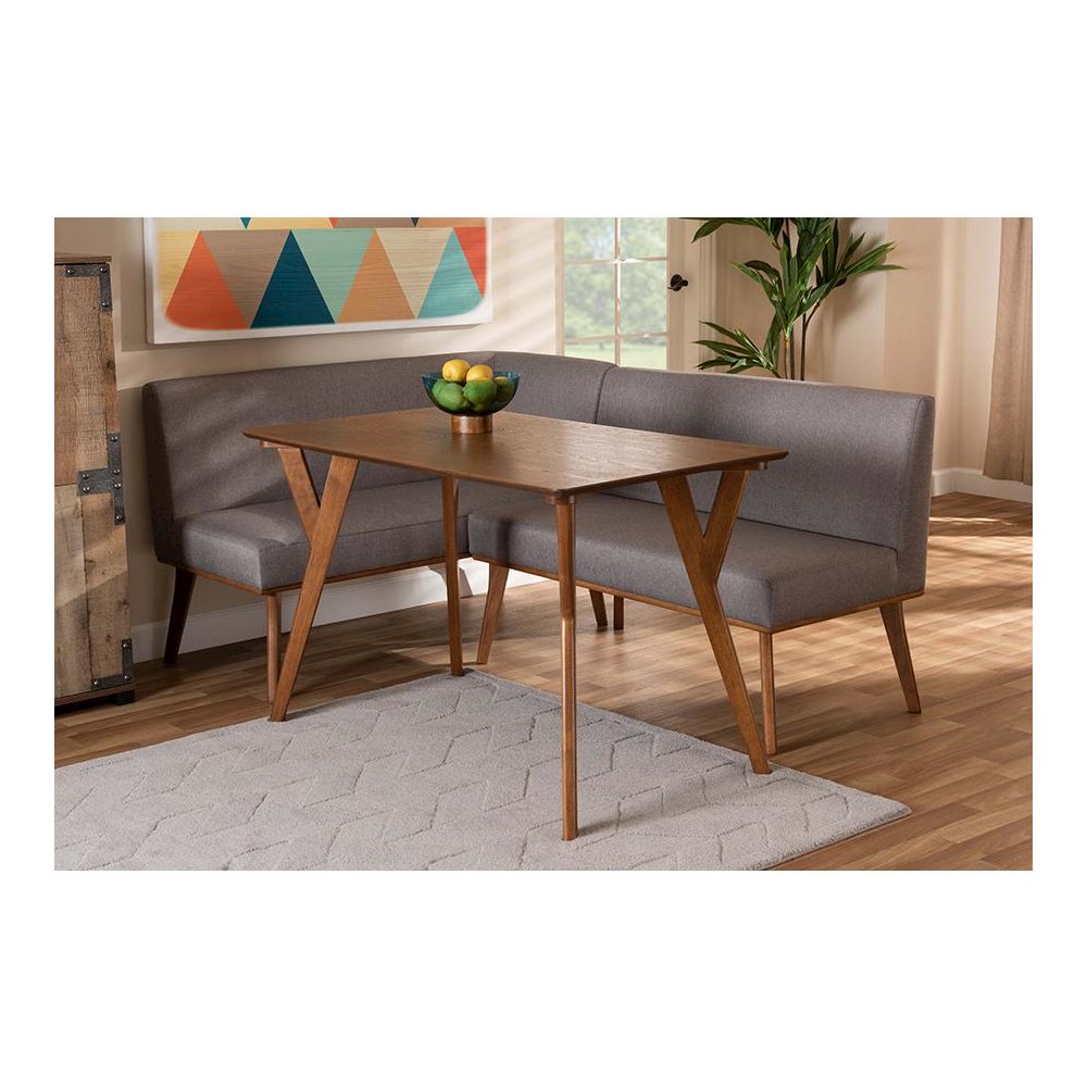 Grey Fabric Upholstered and Walnut Brown Finished Wood 3-Piece Dining Nook Set. Picture 8