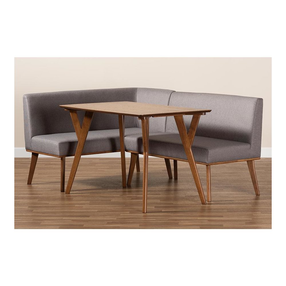 Grey Fabric Upholstered and Walnut Brown Finished Wood 3-Piece Dining Nook Set. Picture 9