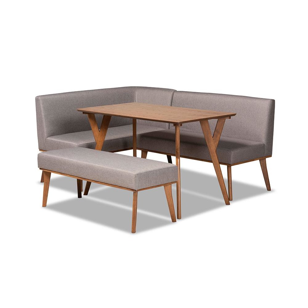 Grey Fabric Upholstered and Walnut Brown Finished Wood 4-Piece Dining Nook Set. Picture 1
