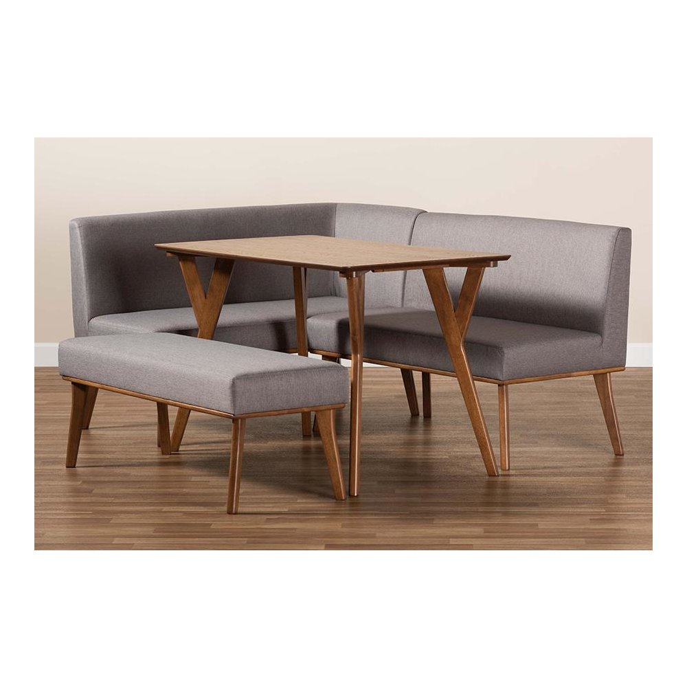Grey Fabric Upholstered and Walnut Brown Finished Wood 4-Piece Dining Nook Set. Picture 10