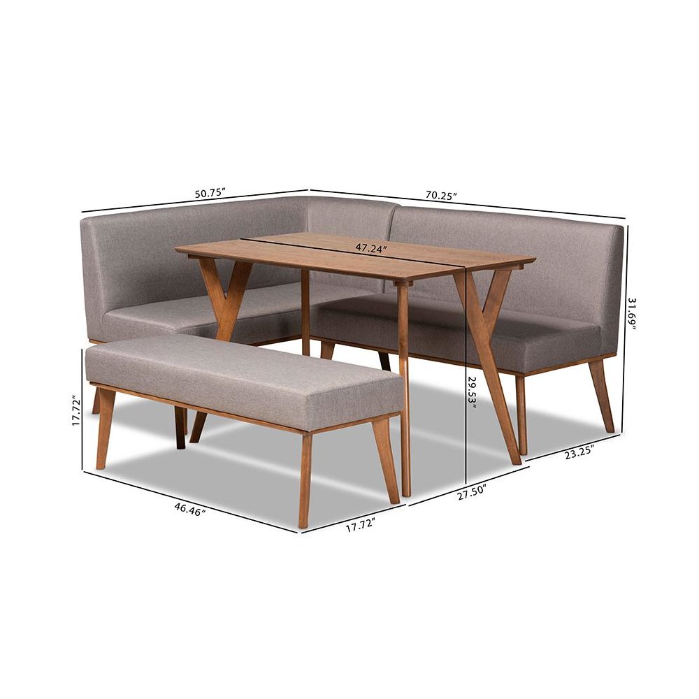Grey Fabric Upholstered and Walnut Brown Finished Wood 4-Piece Dining Nook Set. Picture 11