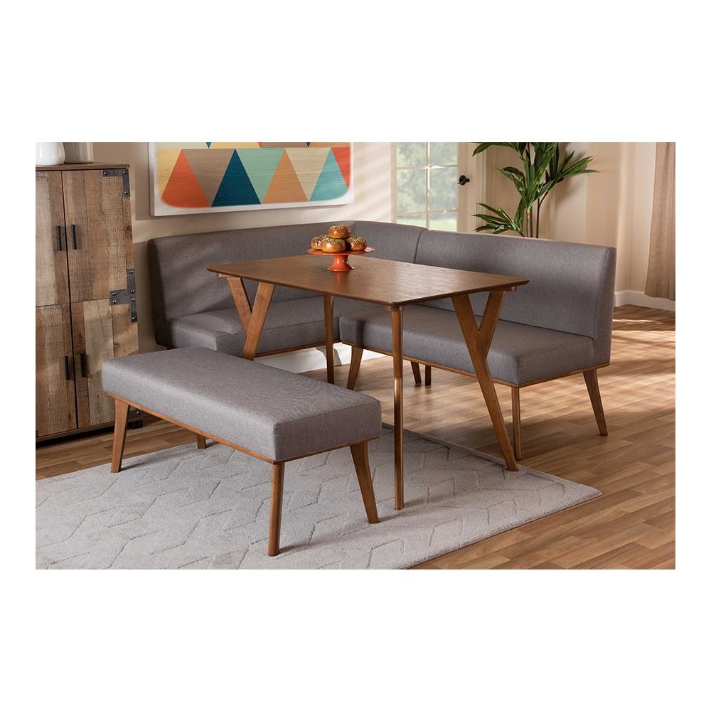 Grey Fabric Upholstered and Walnut Brown Finished Wood 4-Piece Dining Nook Set. Picture 9