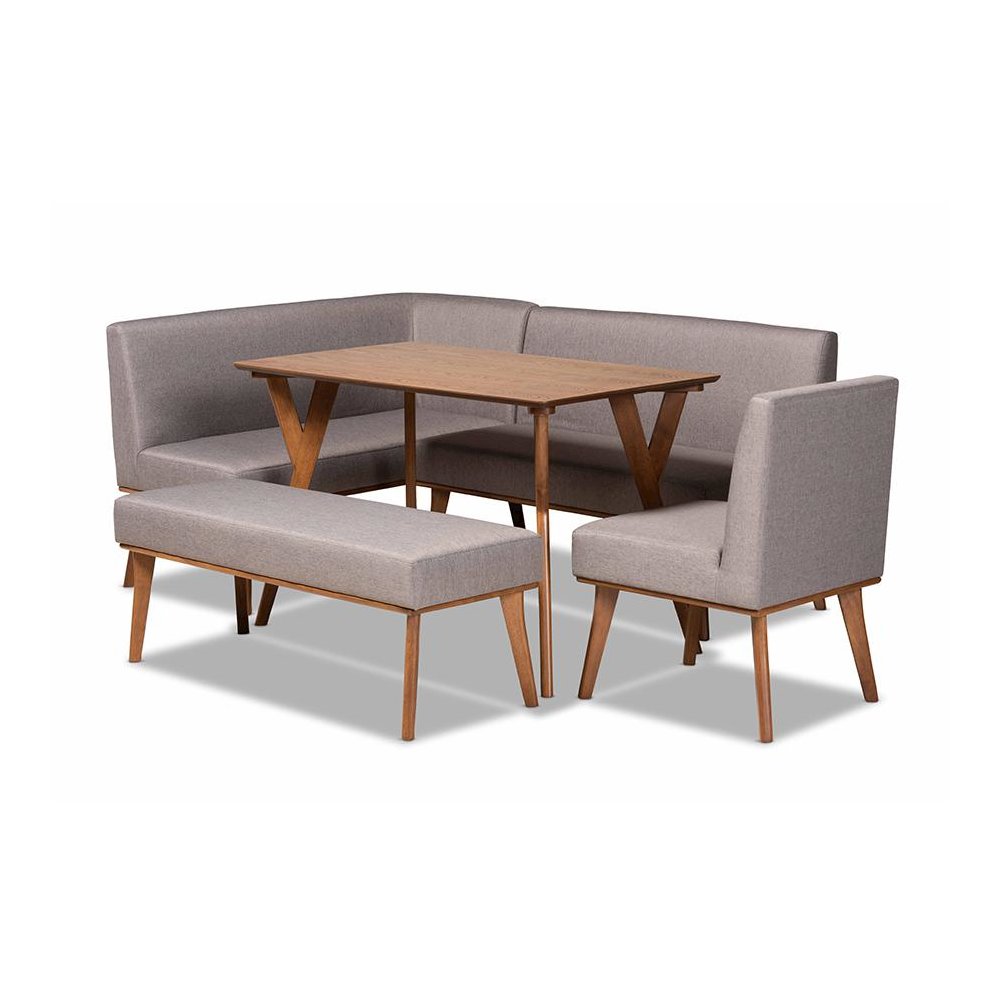 Grey Fabric Upholstered and Walnut Brown Finished Wood 5-Piece Dining Nook Set. Picture 1