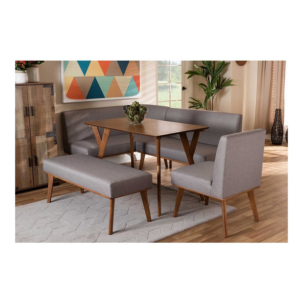 Grey Fabric Upholstered and Walnut Brown Finished Wood 5-Piece Dining Nook Set. Picture 10