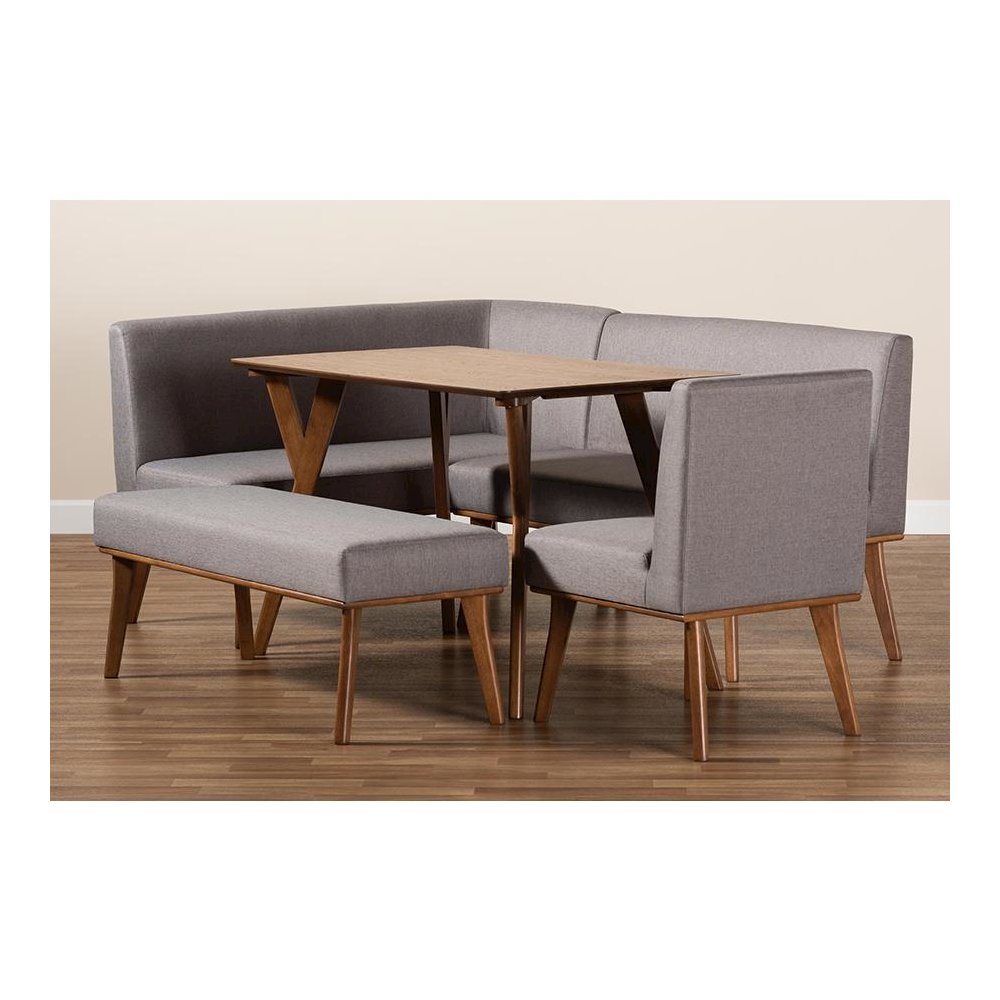 Grey Fabric Upholstered and Walnut Brown Finished Wood 5-Piece Dining Nook Set. Picture 11