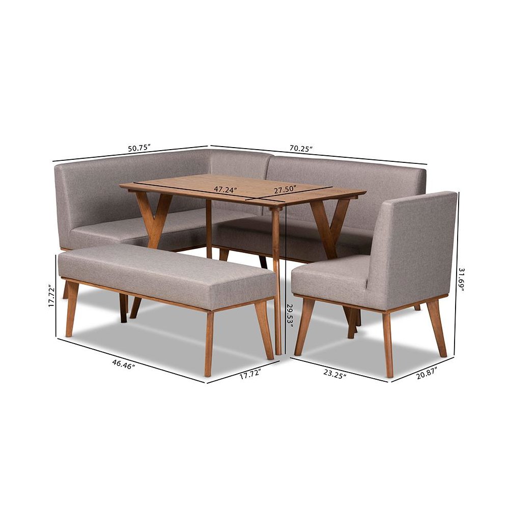 Grey Fabric Upholstered and Walnut Brown Finished Wood 5-Piece Dining Nook Set. Picture 12