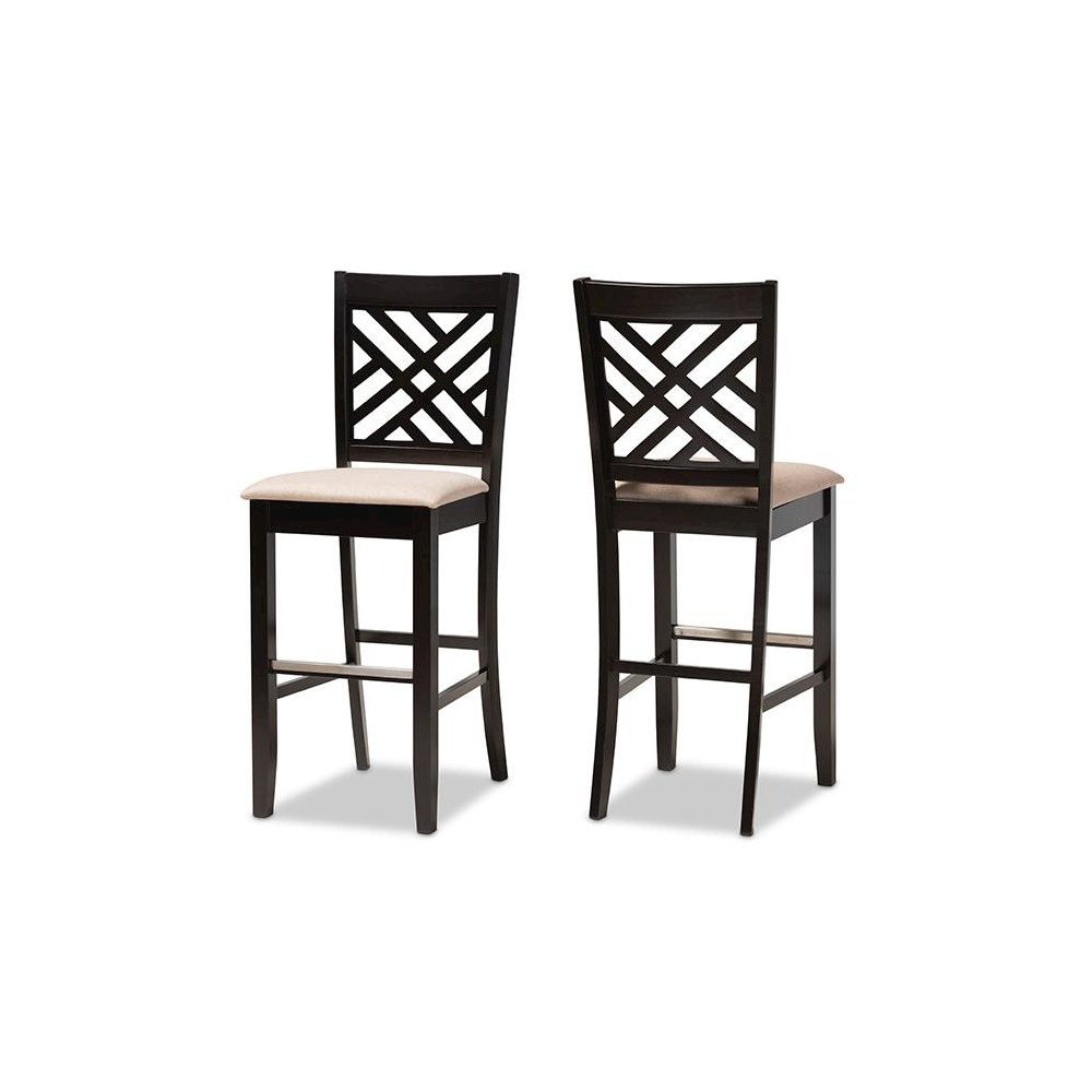 Sand Fabric Upholstered and Espresso Brown Finished Wood 2-Piece Bar Stool Set. Picture 1