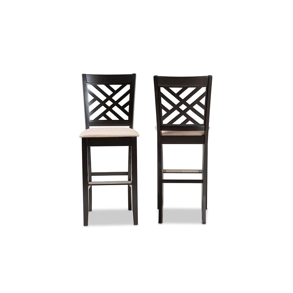 Sand Fabric Upholstered and Espresso Brown Finished Wood 2-Piece Bar Stool Set. Picture 2