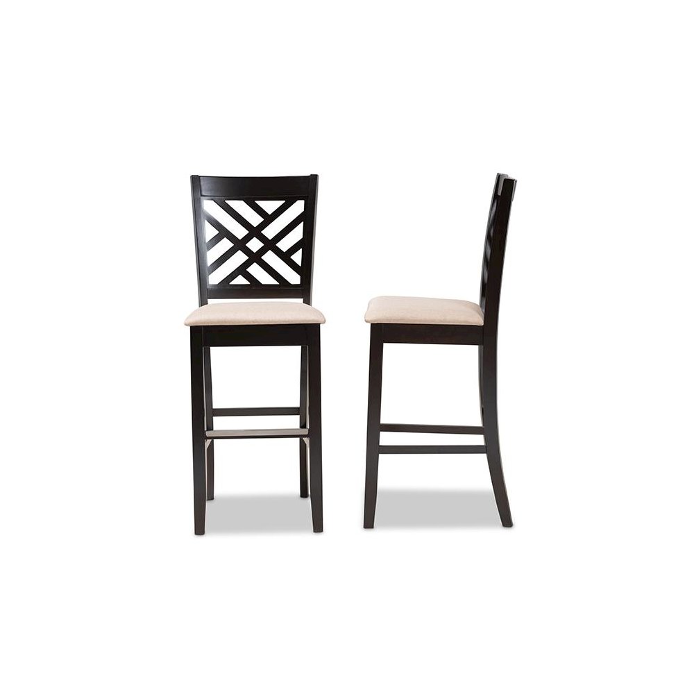 Sand Fabric Upholstered and Espresso Brown Finished Wood 2-Piece Bar Stool Set. Picture 3