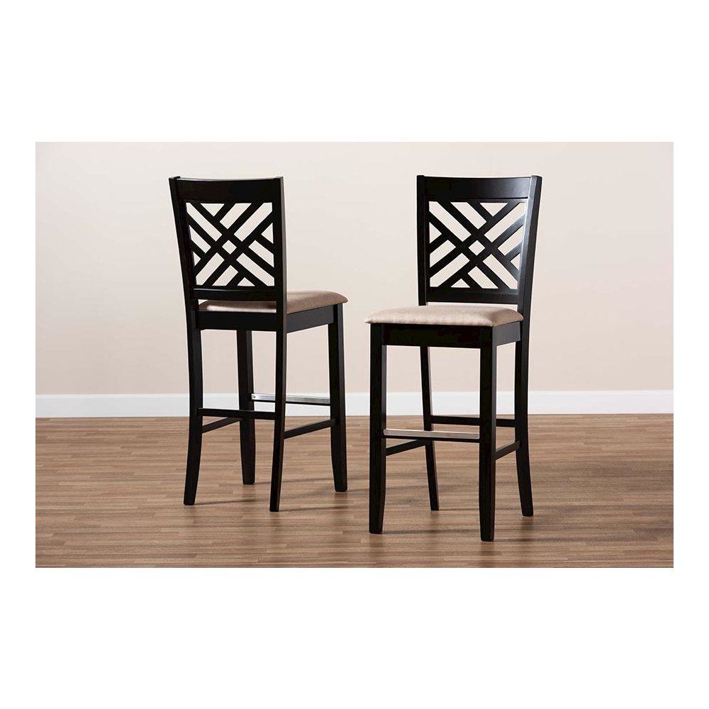 Sand Fabric Upholstered and Espresso Brown Finished Wood 2-Piece Bar Stool Set. Picture 8