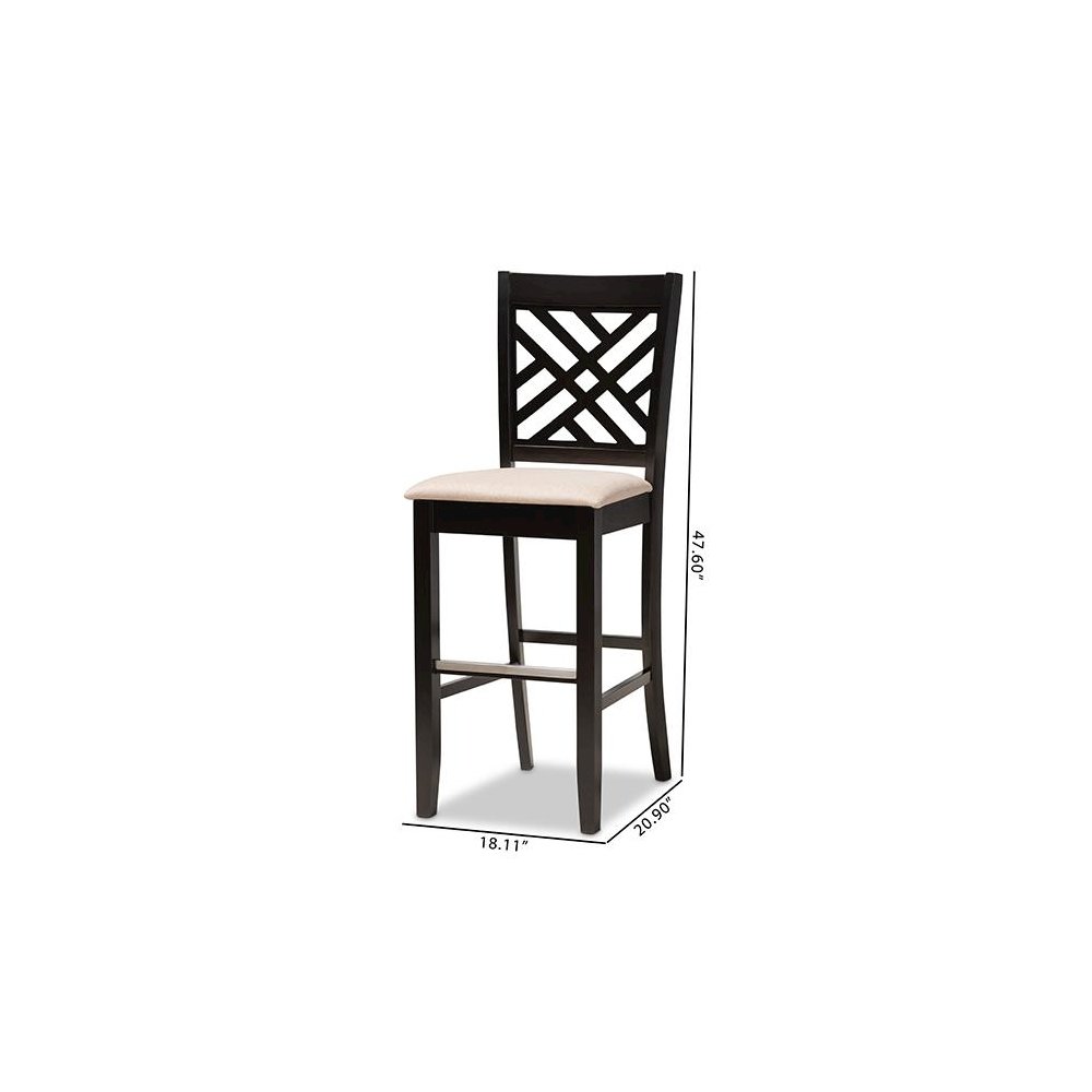 Sand Fabric Upholstered and Espresso Brown Finished Wood 2-Piece Bar Stool Set. Picture 9