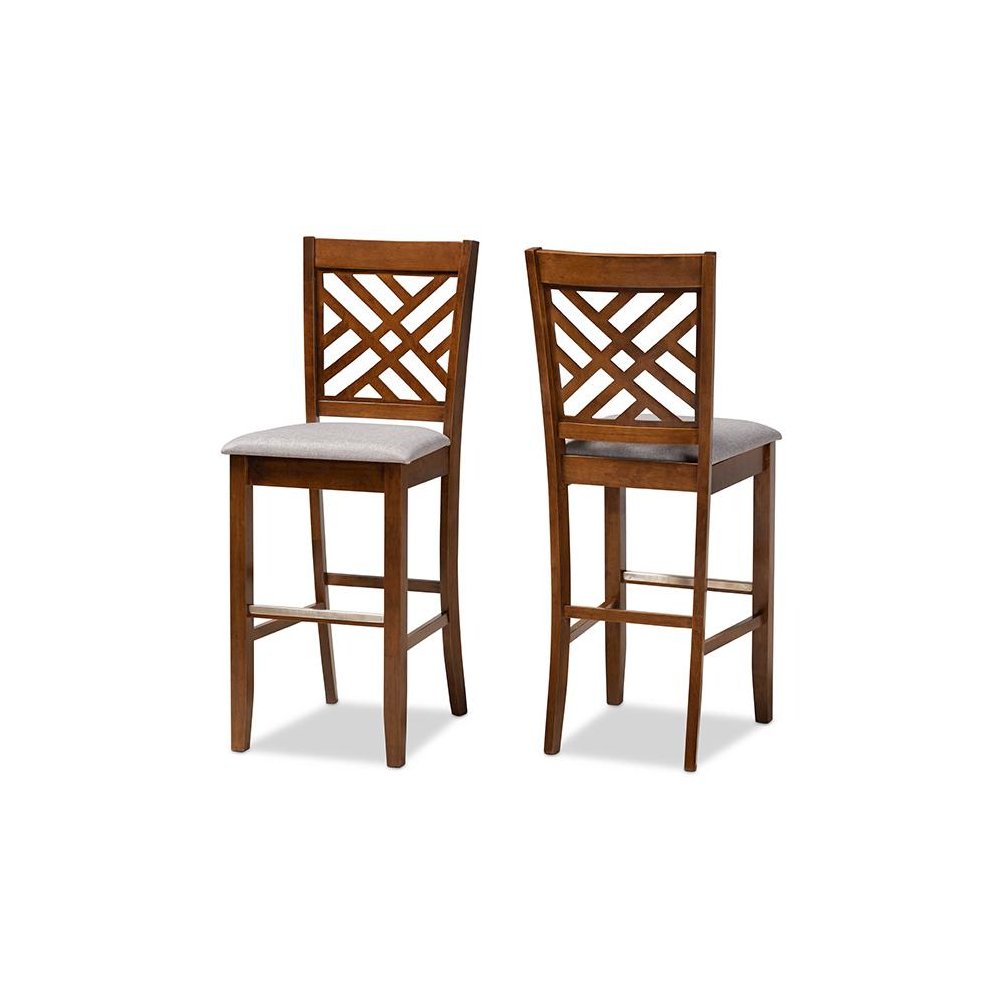 Grey Fabric Upholstered and Walnut Brown Finished Wood 2-Piece Bar Stool Set. Picture 1