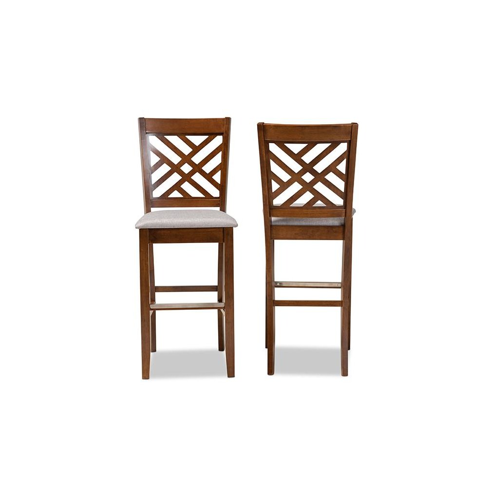 Grey Fabric Upholstered and Walnut Brown Finished Wood 2-Piece Bar Stool Set. Picture 2