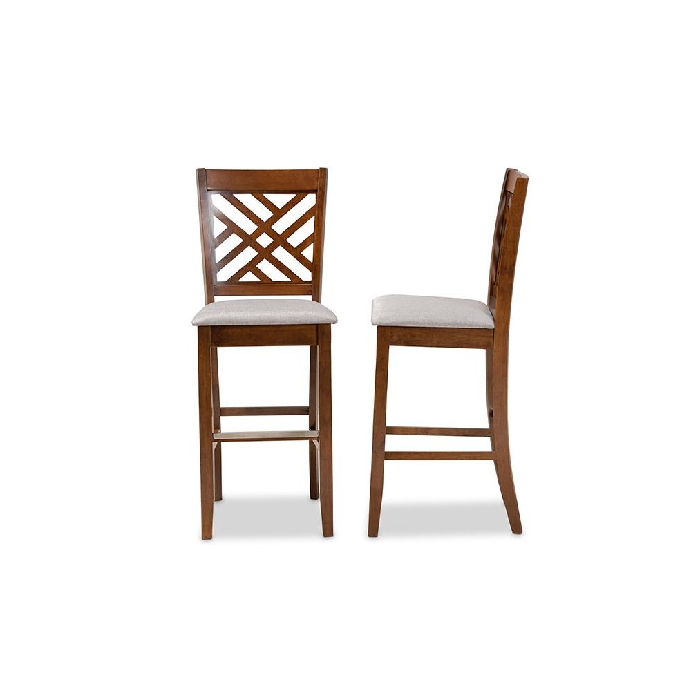 Grey Fabric Upholstered and Walnut Brown Finished Wood 2-Piece Bar Stool Set. Picture 3