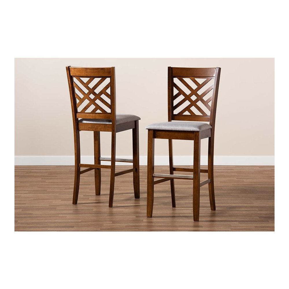Grey Fabric Upholstered and Walnut Brown Finished Wood 2-Piece Bar Stool Set. Picture 8