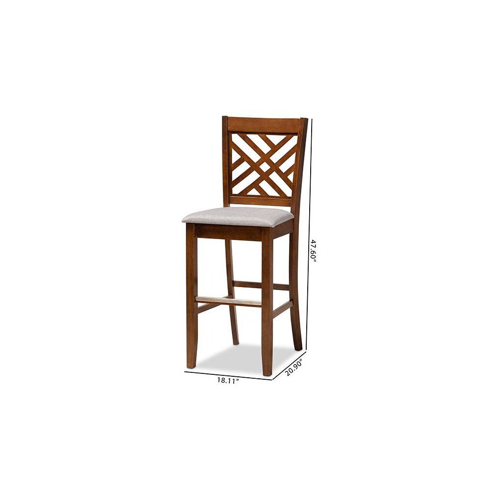 Grey Fabric Upholstered and Walnut Brown Finished Wood 2-Piece Bar Stool Set. Picture 9