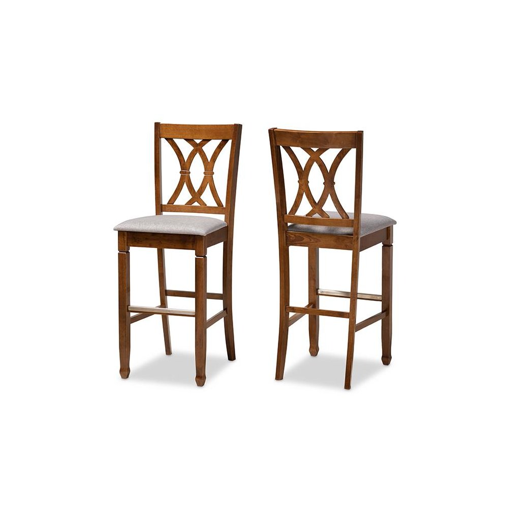 Grey Fabric Upholstered and Walnut Brown Finished Wood 2-Piece Bar Stool Set. Picture 1