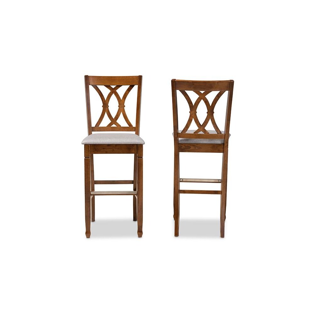 Grey Fabric Upholstered and Walnut Brown Finished Wood 2-Piece Bar Stool Set. Picture 2