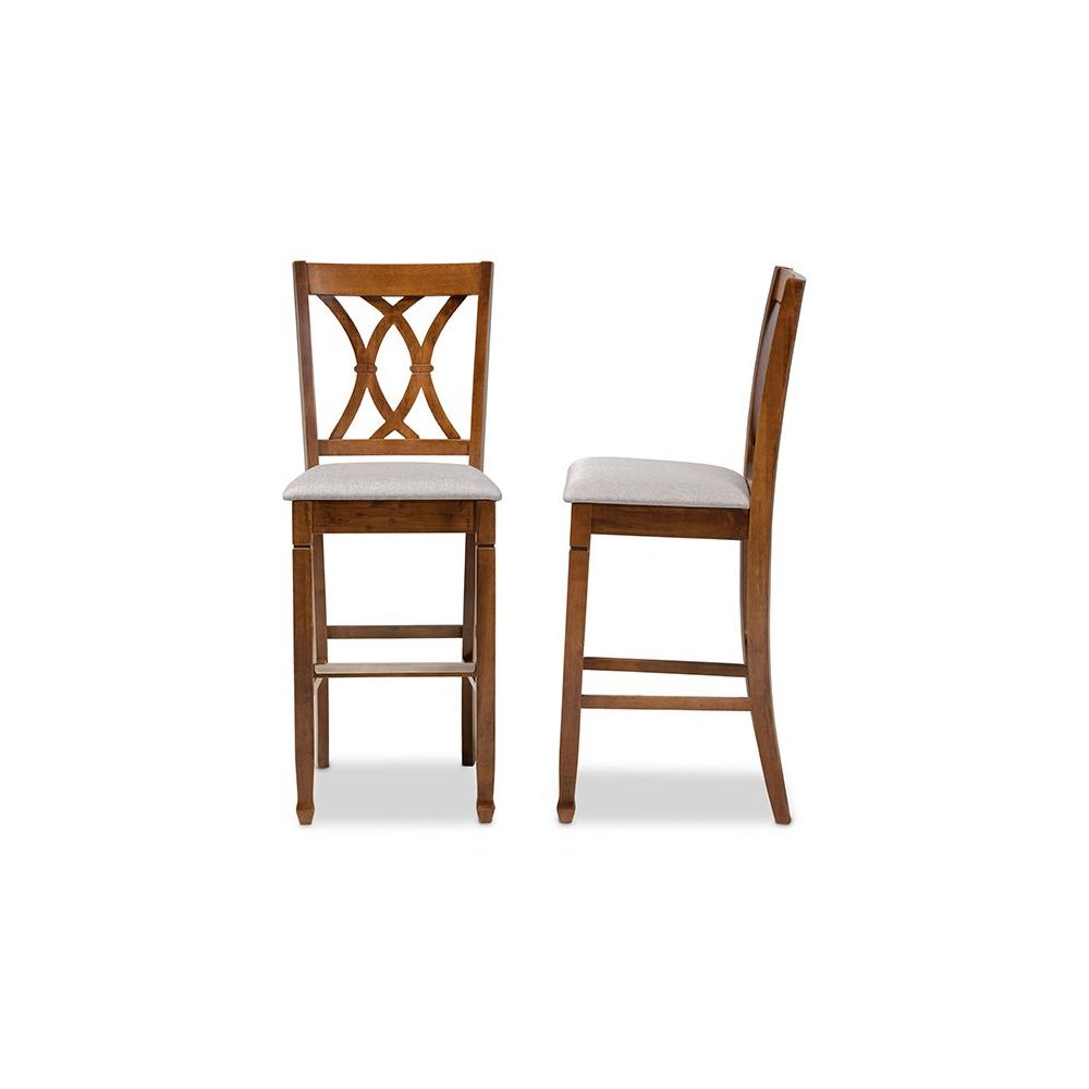 Grey Fabric Upholstered and Walnut Brown Finished Wood 2-Piece Bar Stool Set. Picture 3