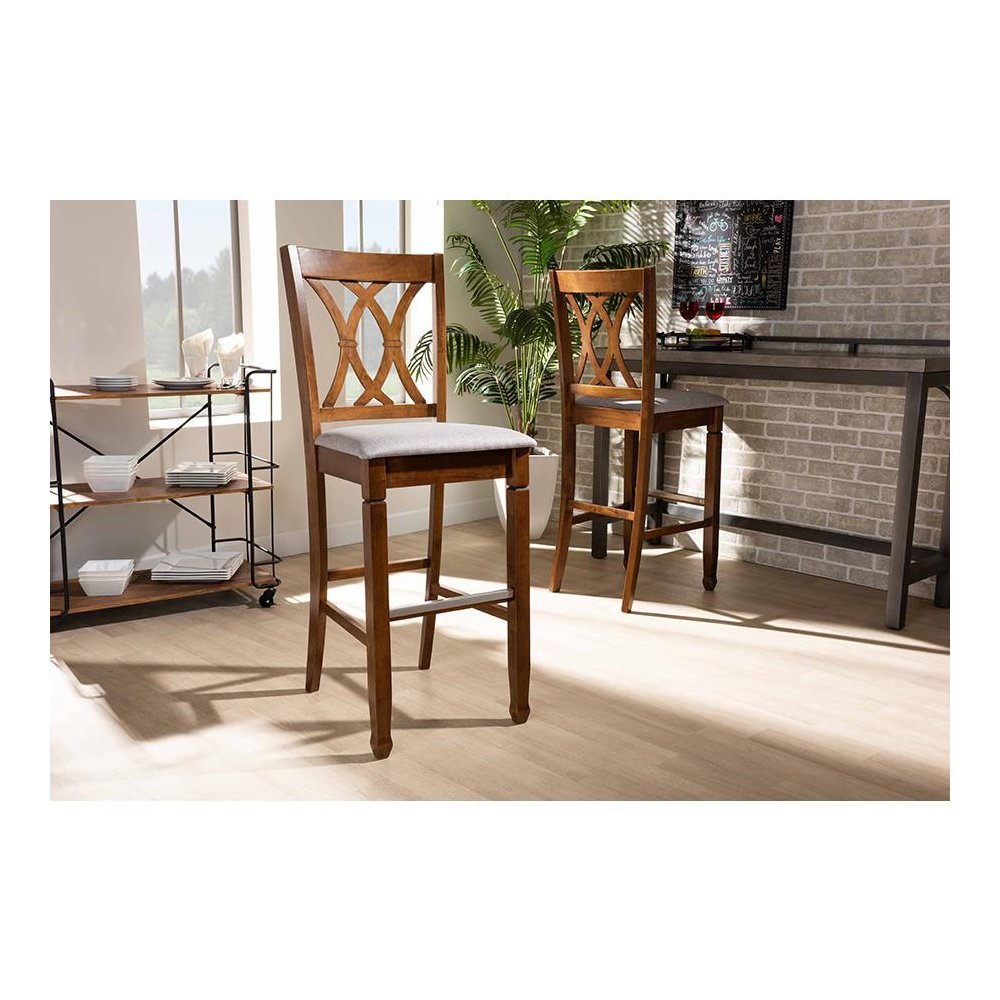 Grey Fabric Upholstered and Walnut Brown Finished Wood 2-Piece Bar Stool Set. Picture 7