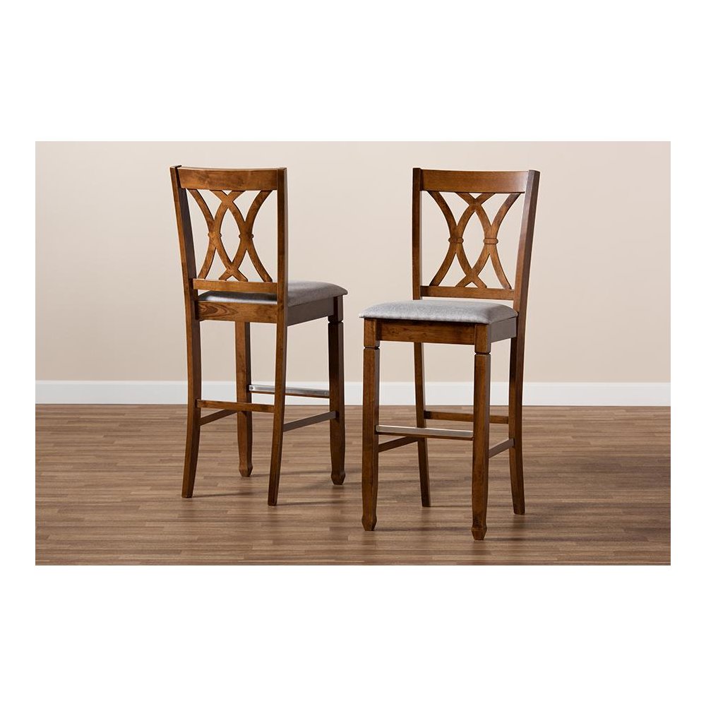 Grey Fabric Upholstered and Walnut Brown Finished Wood 2-Piece Bar Stool Set. Picture 8