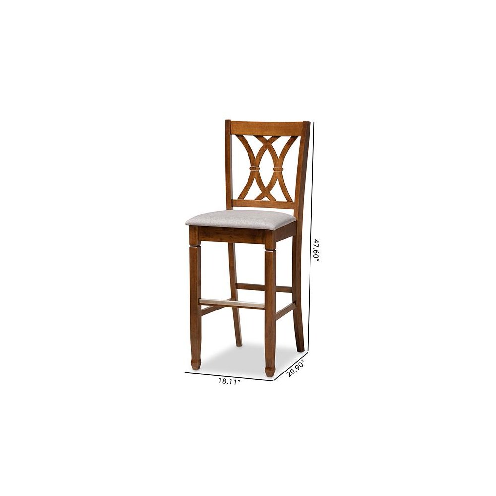 Grey Fabric Upholstered and Walnut Brown Finished Wood 2-Piece Bar Stool Set. Picture 9