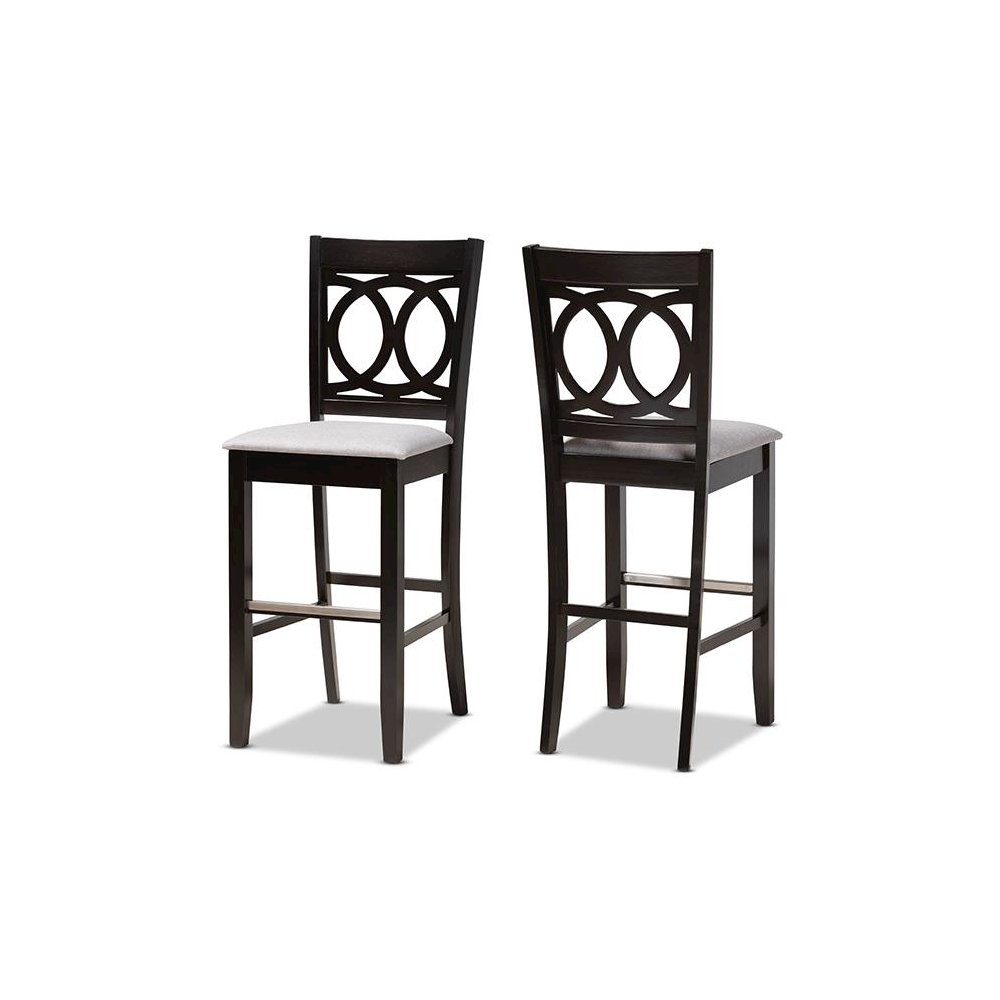 Grey Fabric Upholstered and Espresso Brown Finished Wood 2-Piece Bar Stool Set. Picture 1