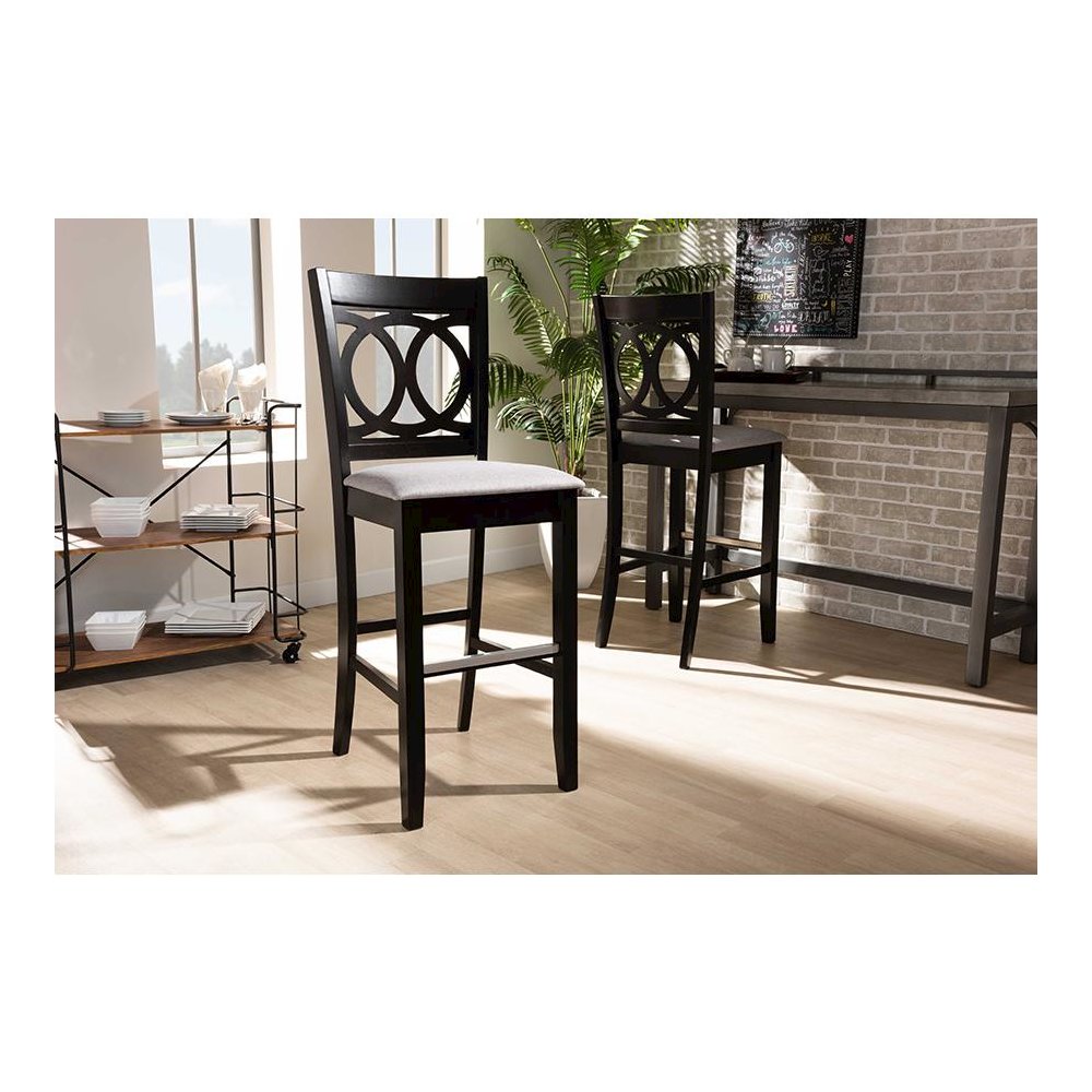 Grey Fabric Upholstered and Espresso Brown Finished Wood 2-Piece Bar Stool Set. Picture 7