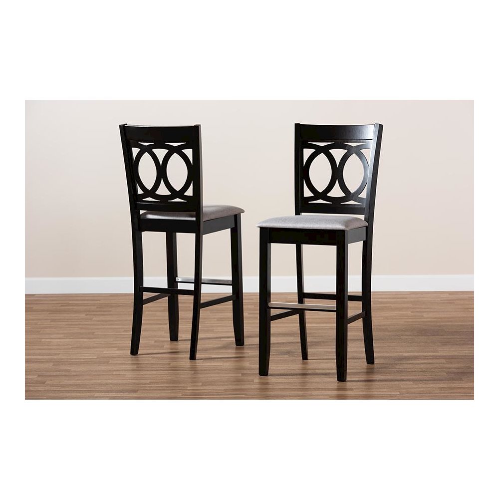 Grey Fabric Upholstered and Espresso Brown Finished Wood 2-Piece Bar Stool Set. Picture 8