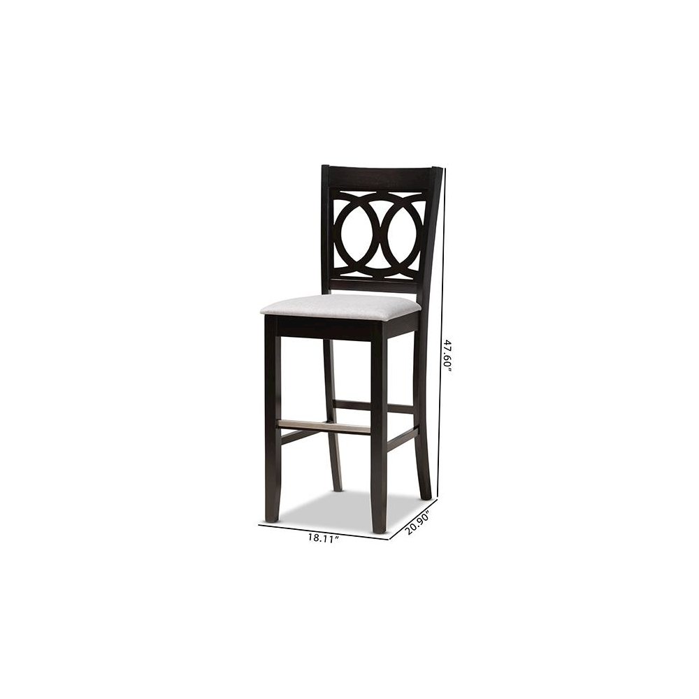 Grey Fabric Upholstered and Espresso Brown Finished Wood 2-Piece Bar Stool Set. Picture 9