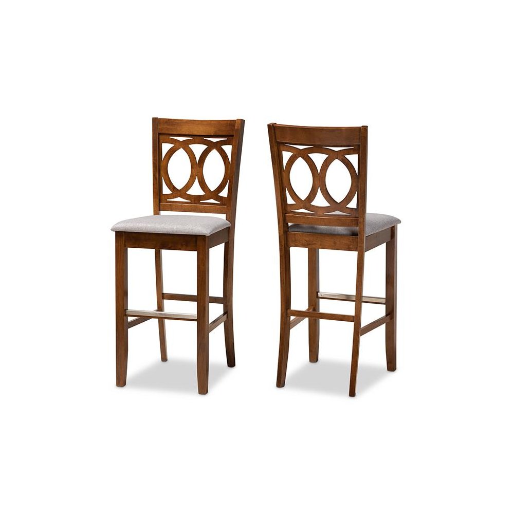 Grey Fabric Upholstered and Walnut Brown Finished Wood 2-Piece Bar Stool Set. Picture 1