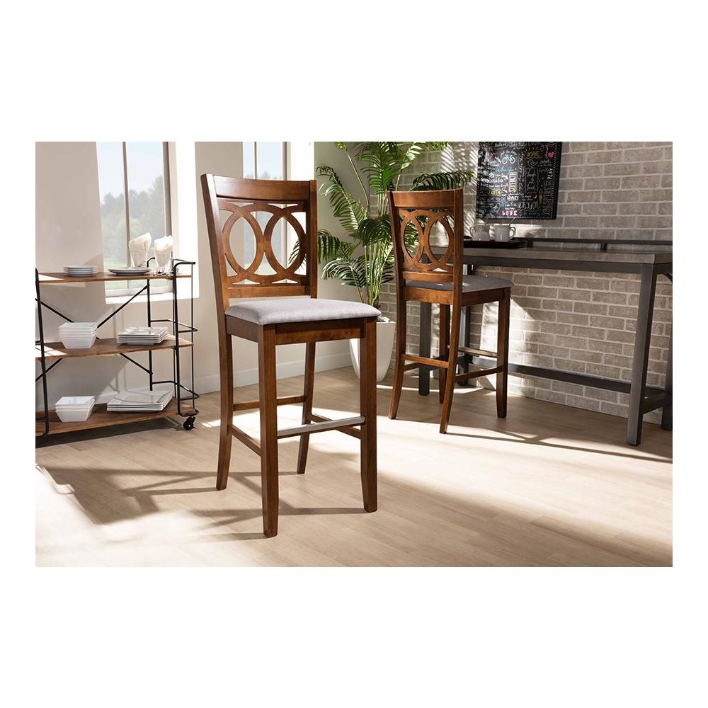 Grey Fabric Upholstered and Walnut Brown Finished Wood 2-Piece Bar Stool Set. Picture 7