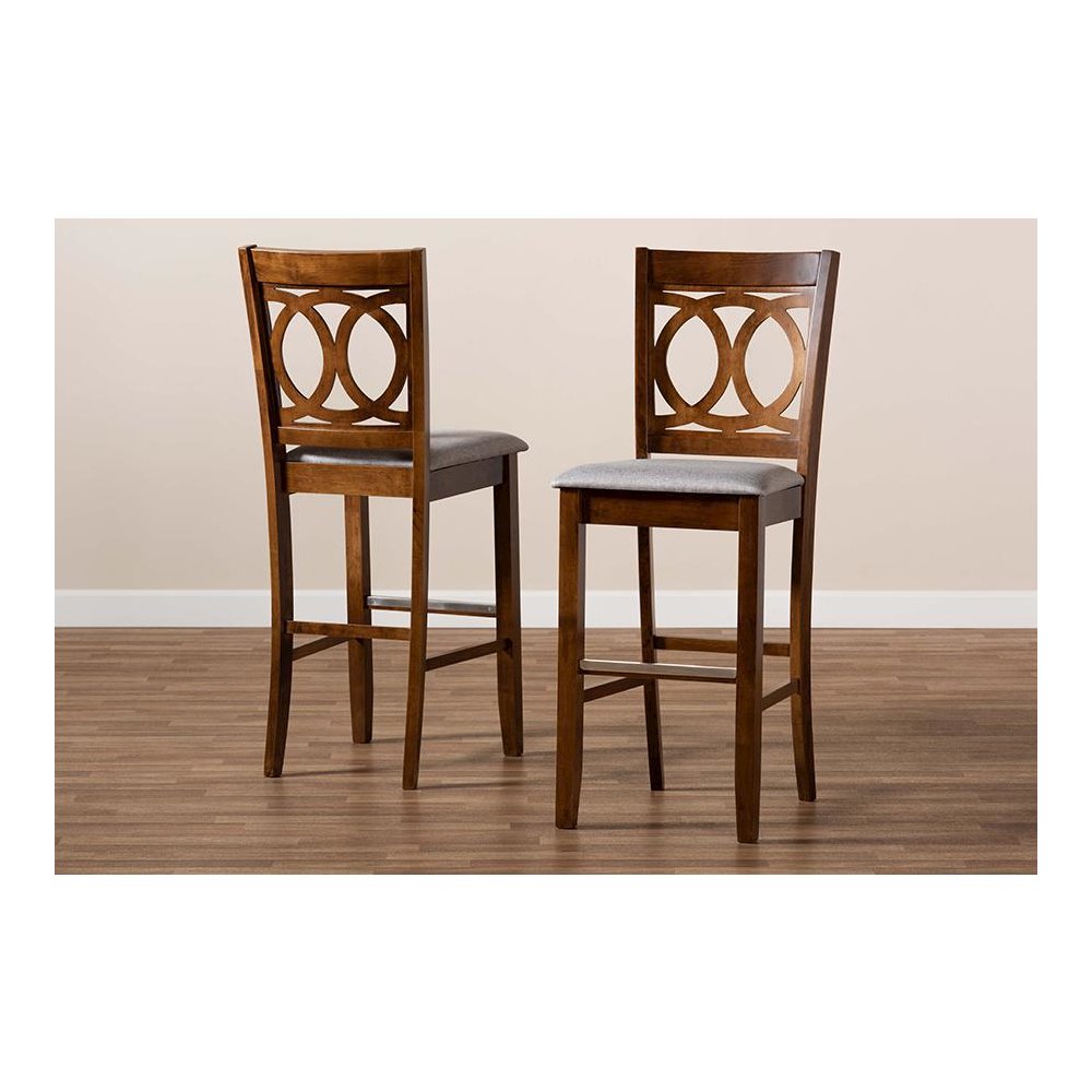 Grey Fabric Upholstered and Walnut Brown Finished Wood 2-Piece Bar Stool Set. Picture 8