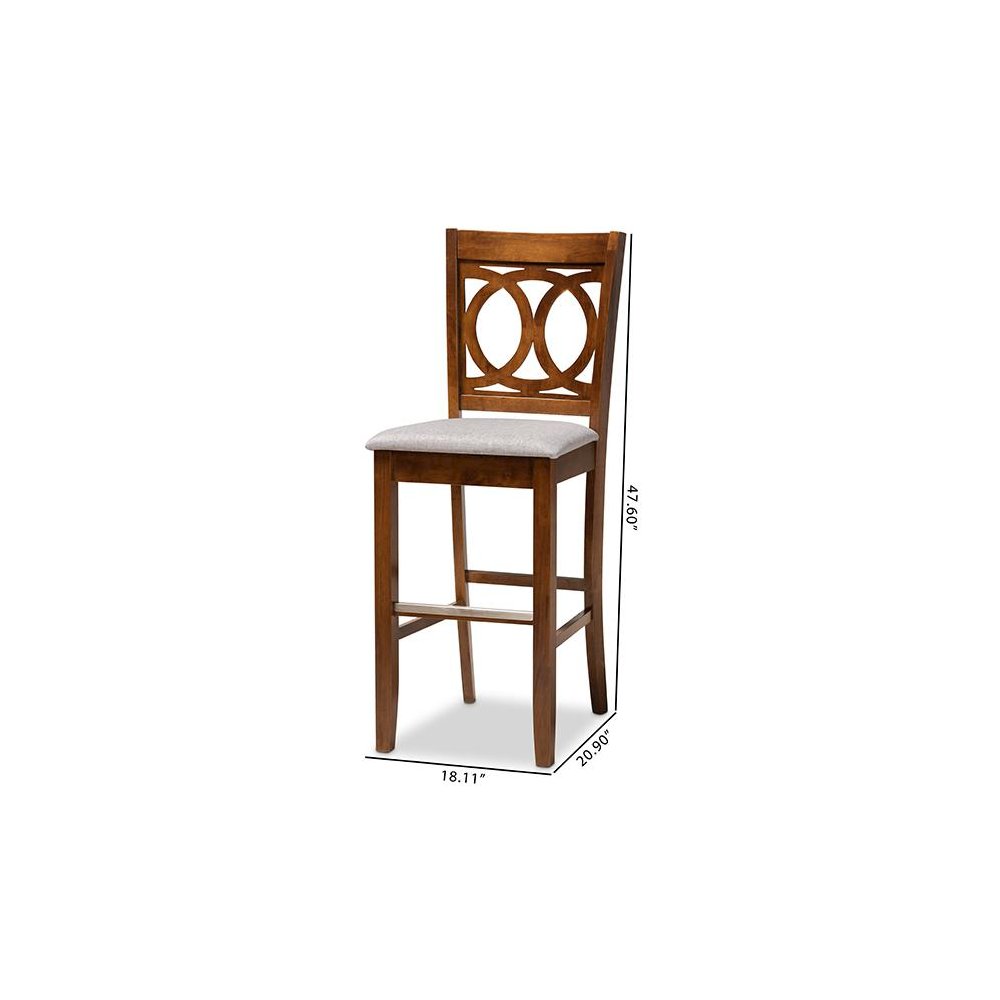 Grey Fabric Upholstered and Walnut Brown Finished Wood 2-Piece Bar Stool Set. Picture 9