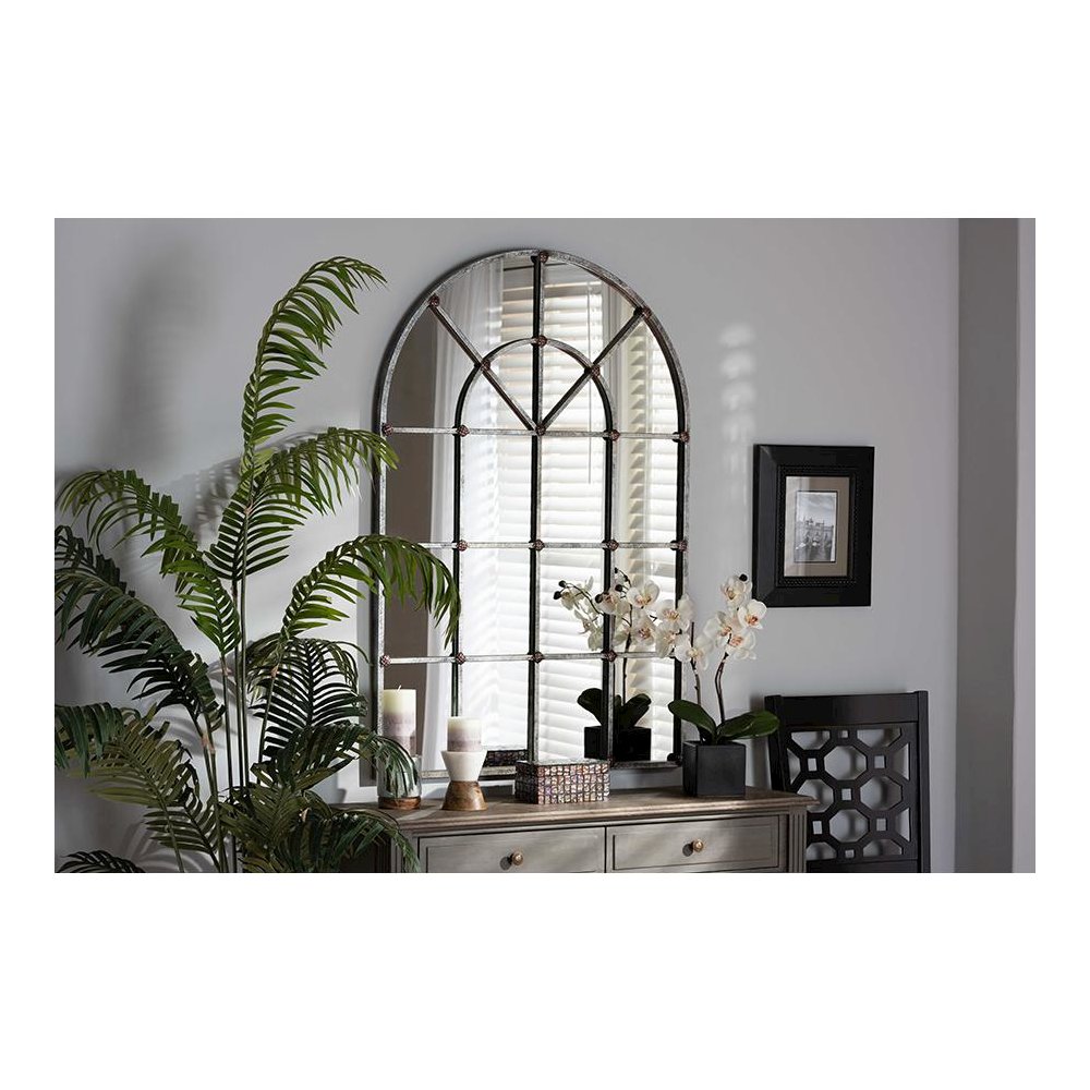Vintage Farmhouse Antique Silver Finished Arched Window Accent Wall Mirror. Picture 2