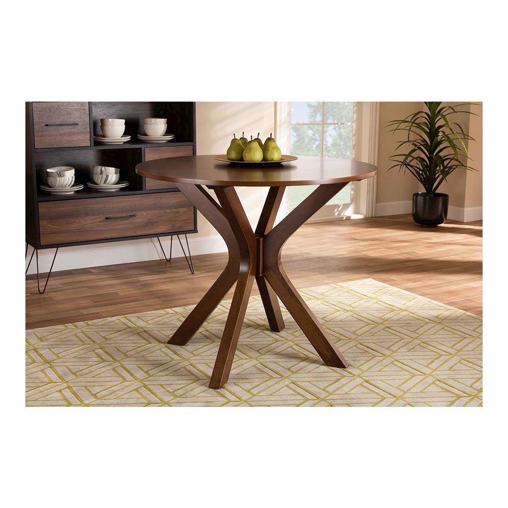 Walnut Brown Finished 34-Inch-Wide Round Wood Dining Table. Picture 5