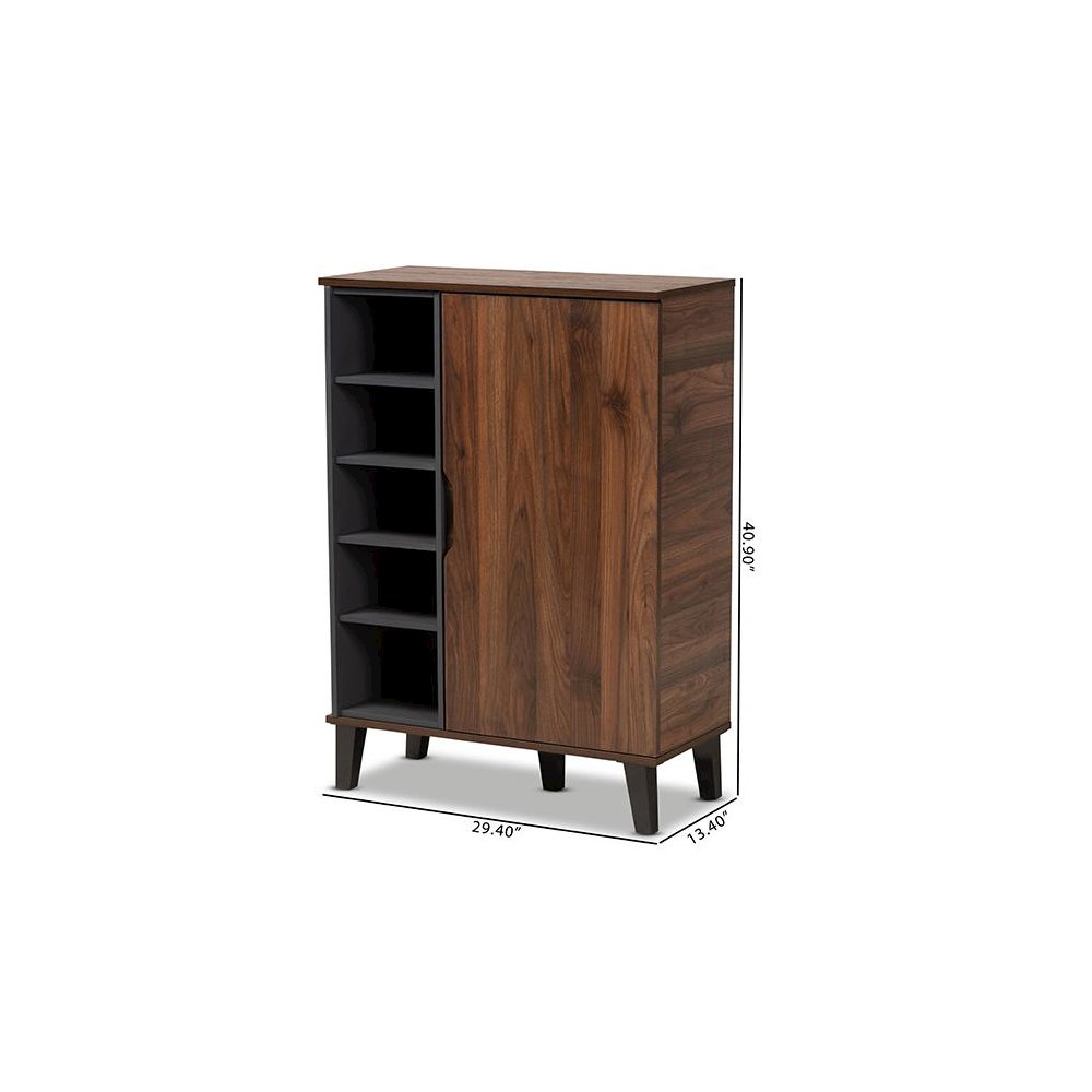 Two-Tone Walnut Brown and Grey Finished Wood 1-Door Shoe Cabinet. Picture 10